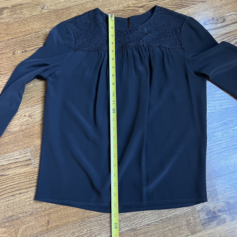 Maje 100% silk black LS top with sheer lace inset size small (1) - Picture 8 of 10